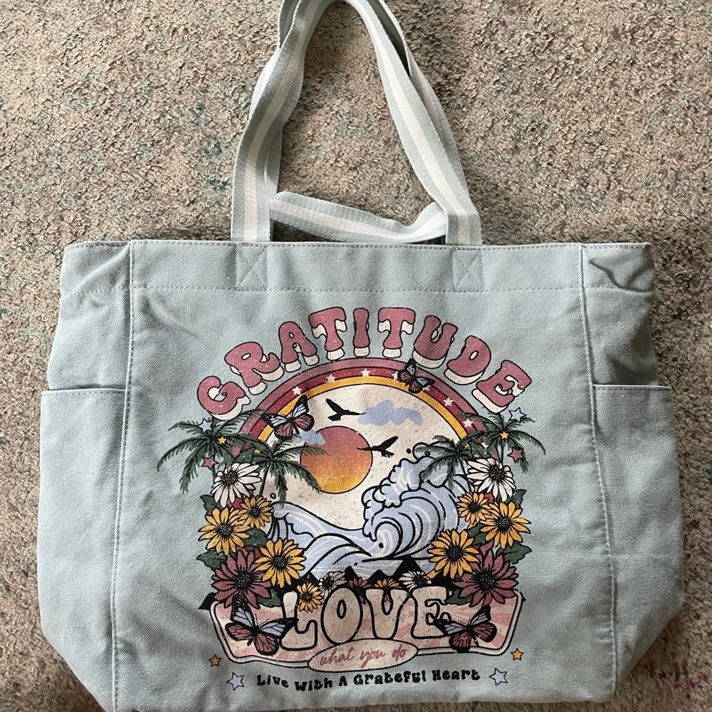 Time and tru canvas tote bag gratitude, love, light blue